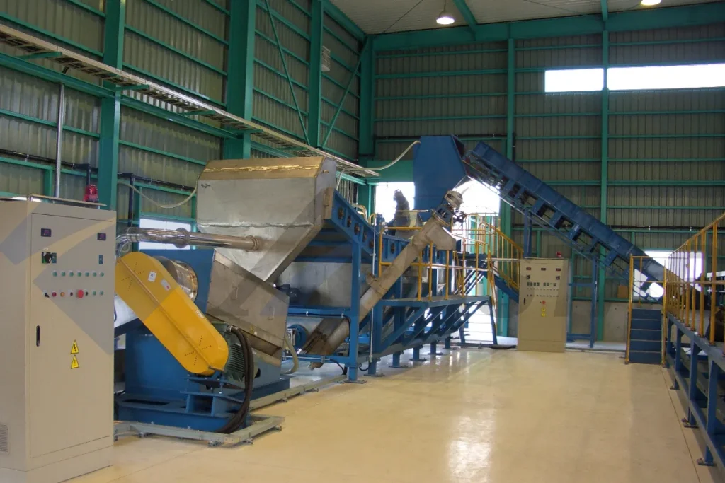 PE film washing line – wet granulator, screw conveyors and control cabinet
