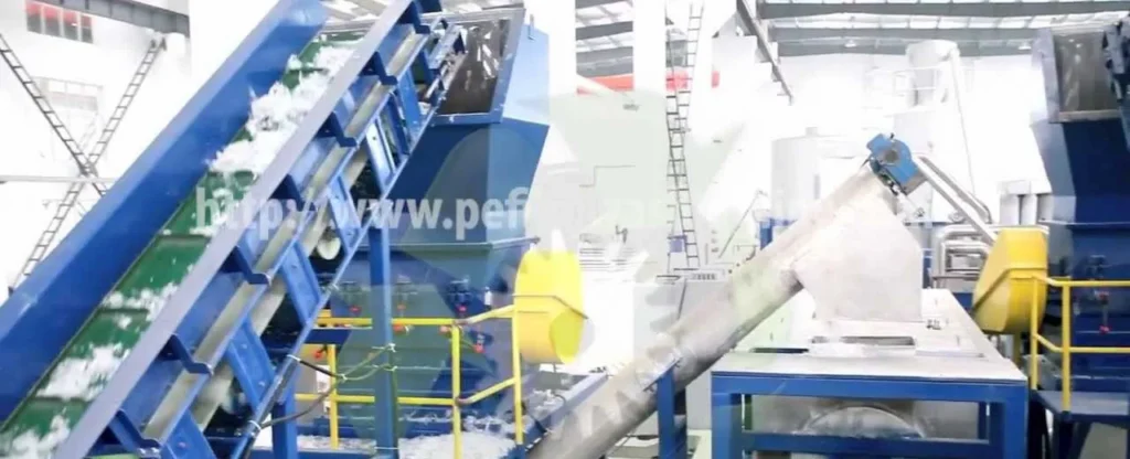 PE film washing line in the USA – belt and screw conveyors carrying washed film