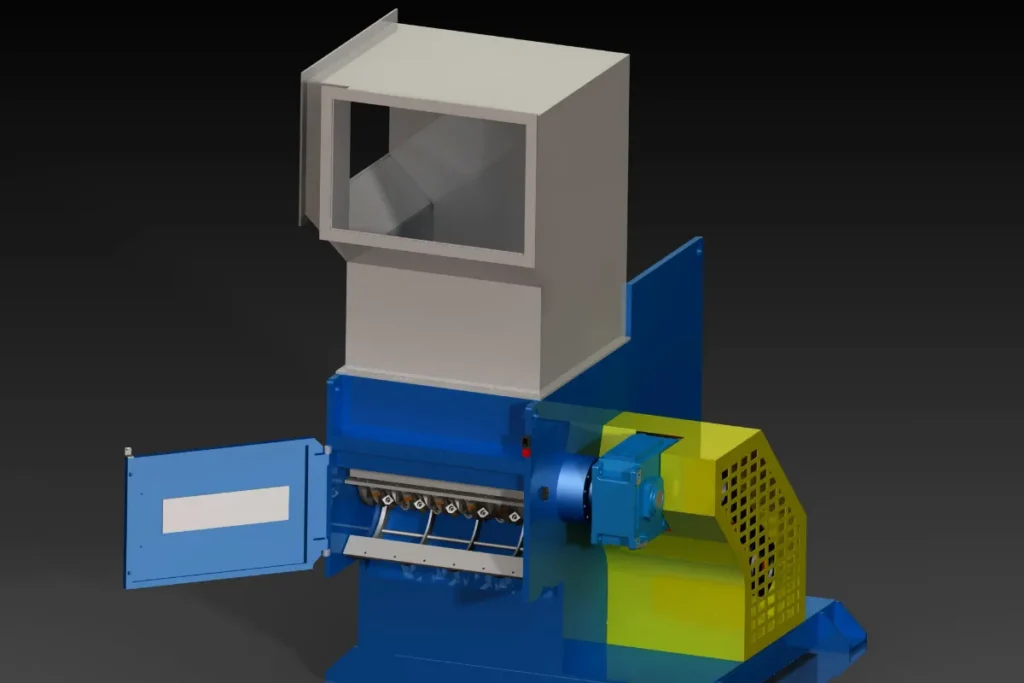 3D model of the single-shaft shredder with its cutting chamber door open