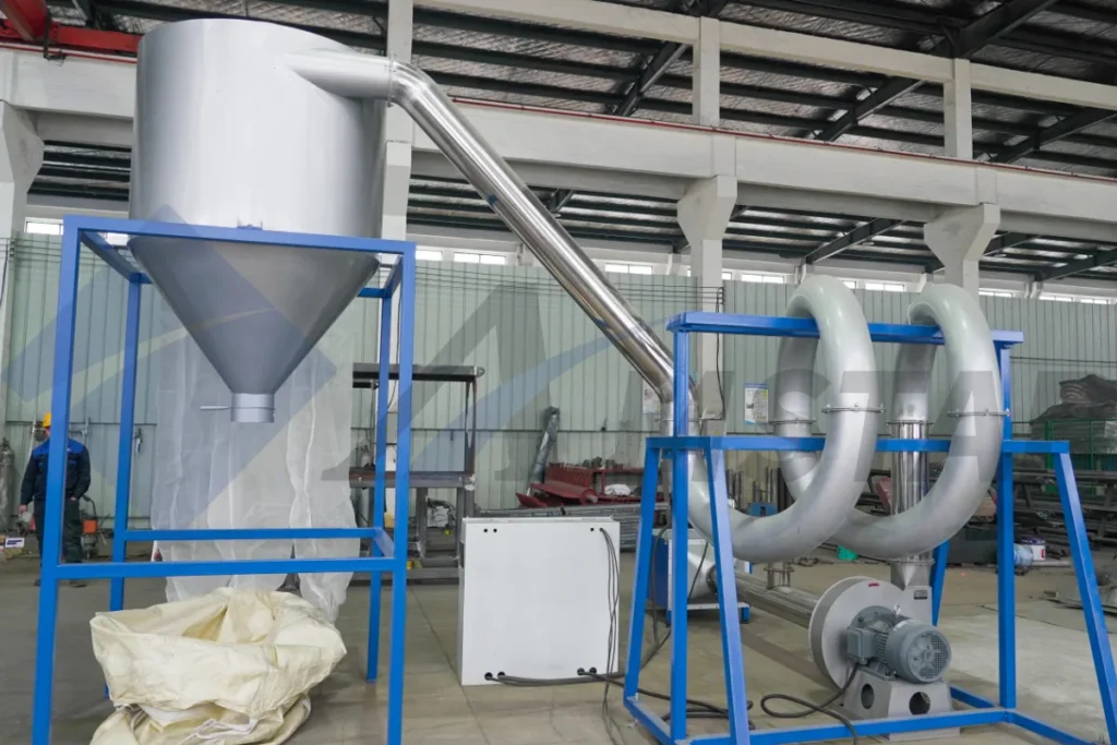 Thermal drying system – looped hot air pipes, blower and cyclone collection silo
