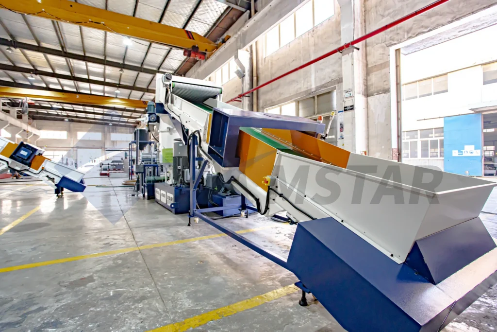 BOPP PP PE film pelletizing line with its infeed belt conveyor and compactor